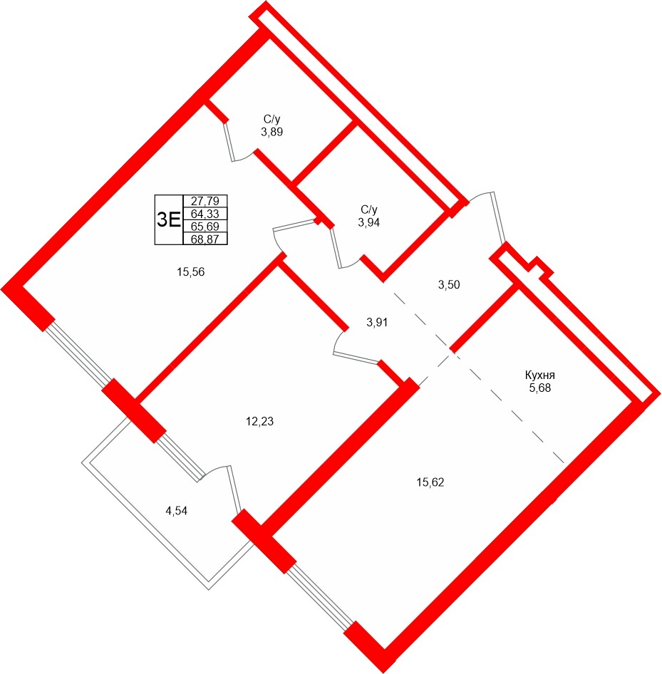 Квартира в ЖК Северный ветер, 2 комнатная, 68.87 м², 6 этаж