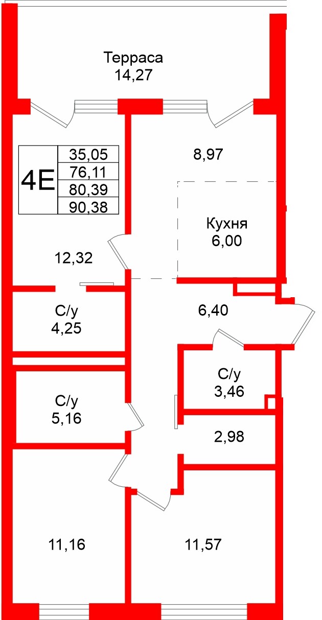 Квартира в ЖК «Северный ветер», 3 комнатная, 90.38 м², 8 этаж