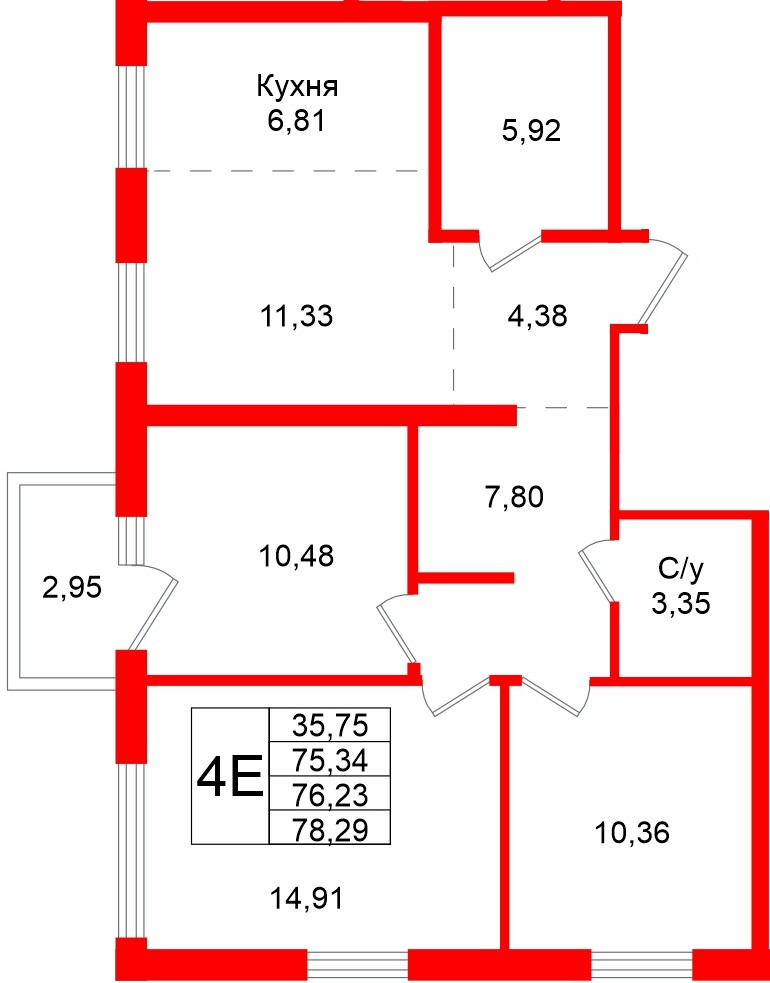 Квартира в ЖК Северный ветер, 3 комнатная, 78.29 м², 7 этаж