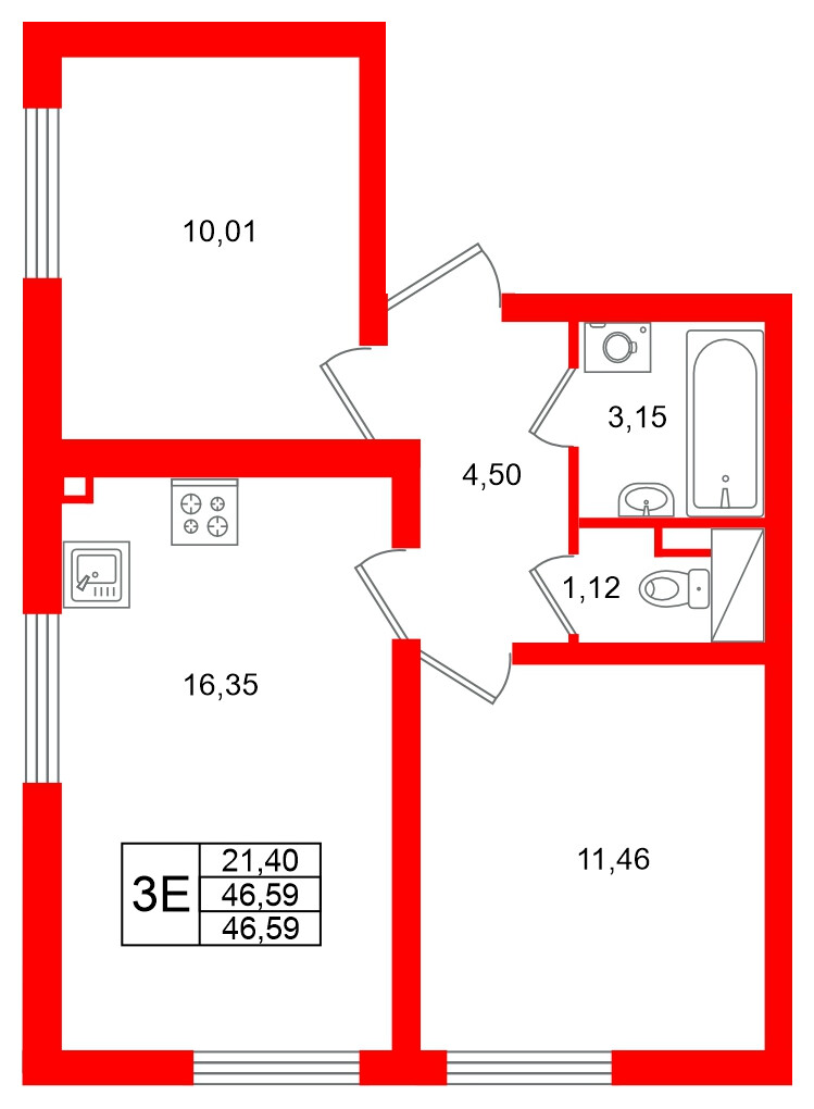 Квартира в ЖК 'Морская миля', 2 комнатная, 46.59 м², 3 этаж