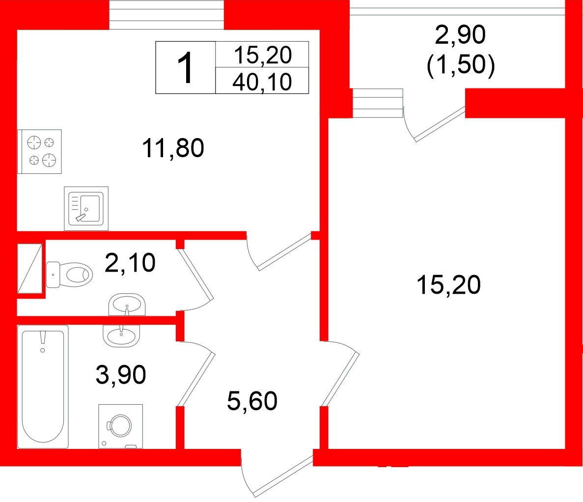 Квартира в ЖК «Дом на Большом Смоленском», 1 комнатная, 40.1 м², 4 этаж
