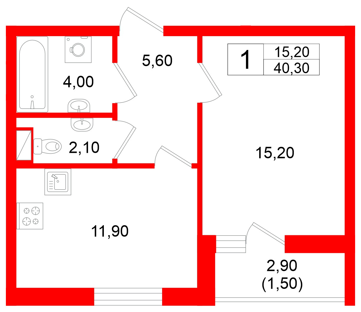 Квартира в ЖК Дом на Большом Смоленском, 1 комнатная, 40.3 м², 5 этаж