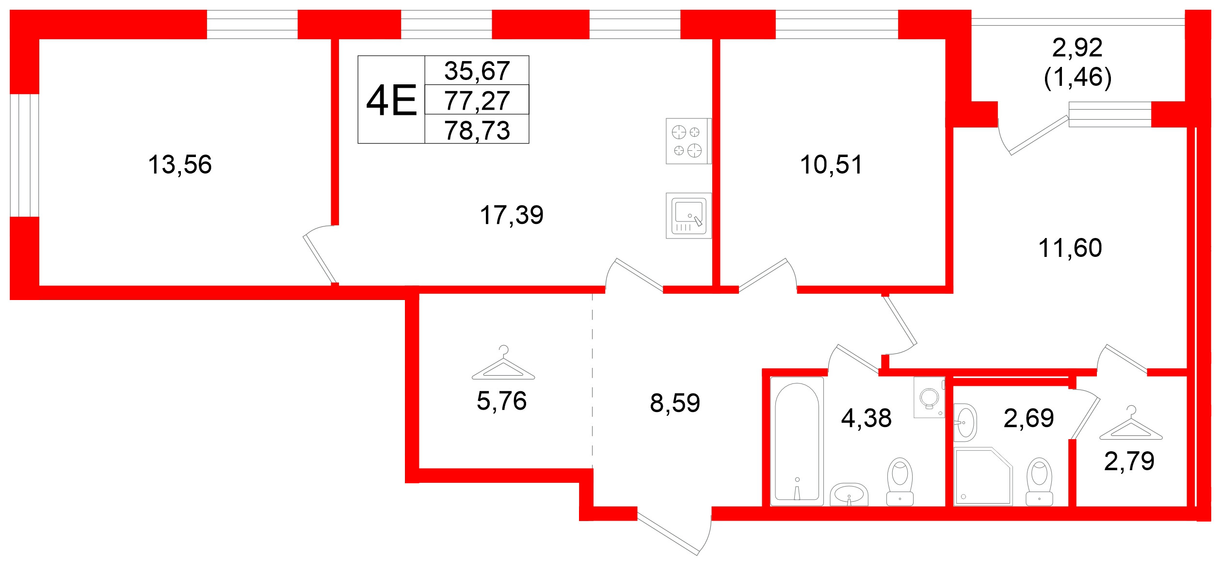 Квартира в ЖК Квартал Заречье, 3 комнатная, 78.73 м², 1 этаж