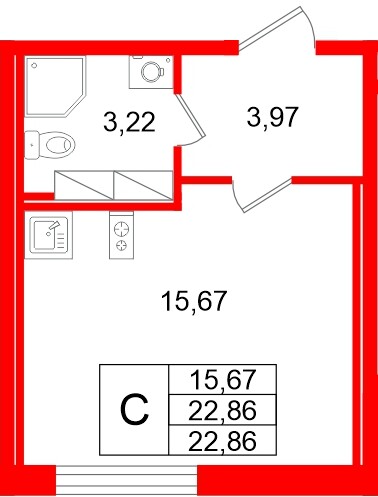 Планировка — Студия квартира, 22,9 м² в ЖК «Квартал Заречье»