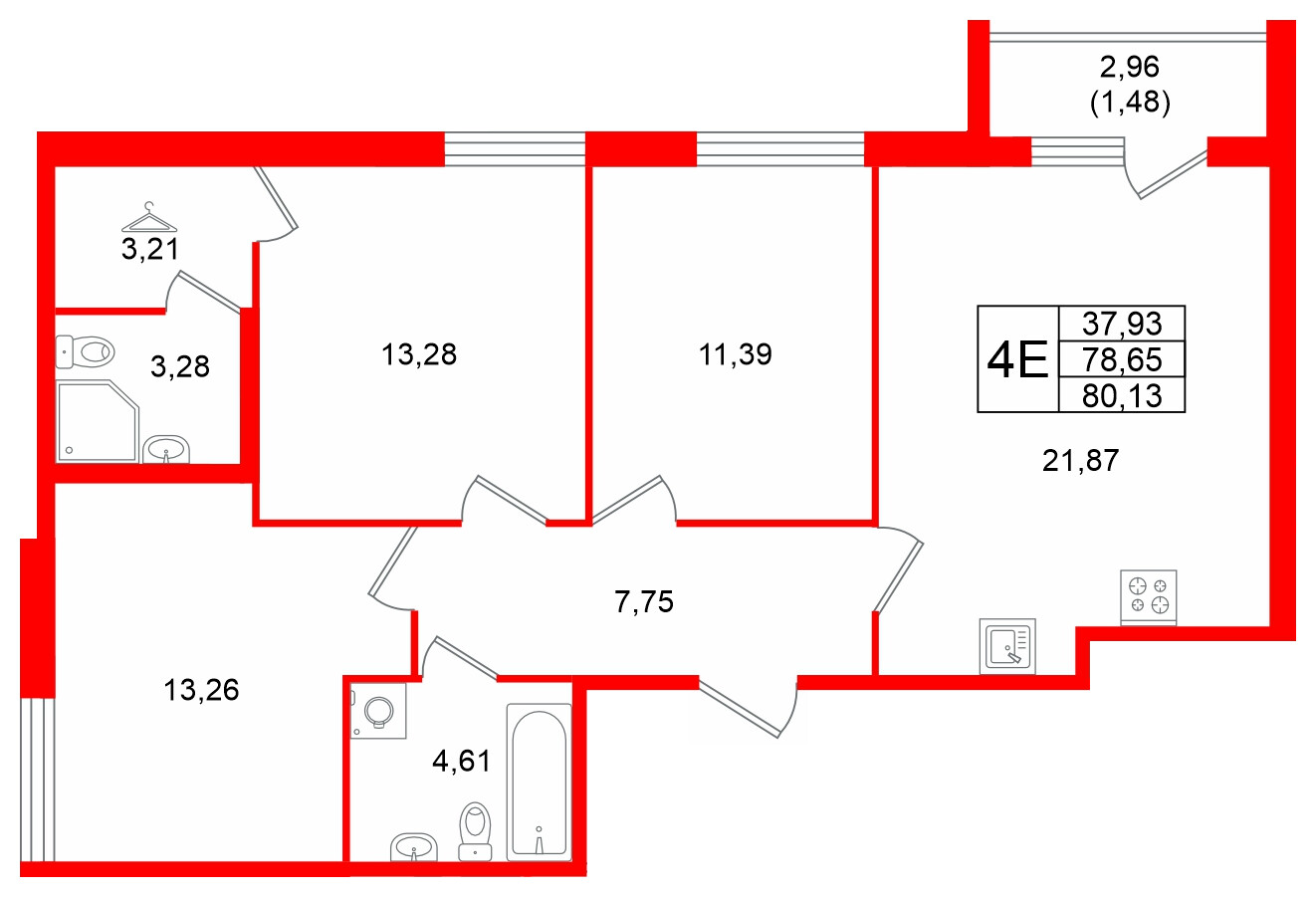 Квартира в ЖК Квартал Заречье, 3 комнатная, 80.13 м², 1 этаж