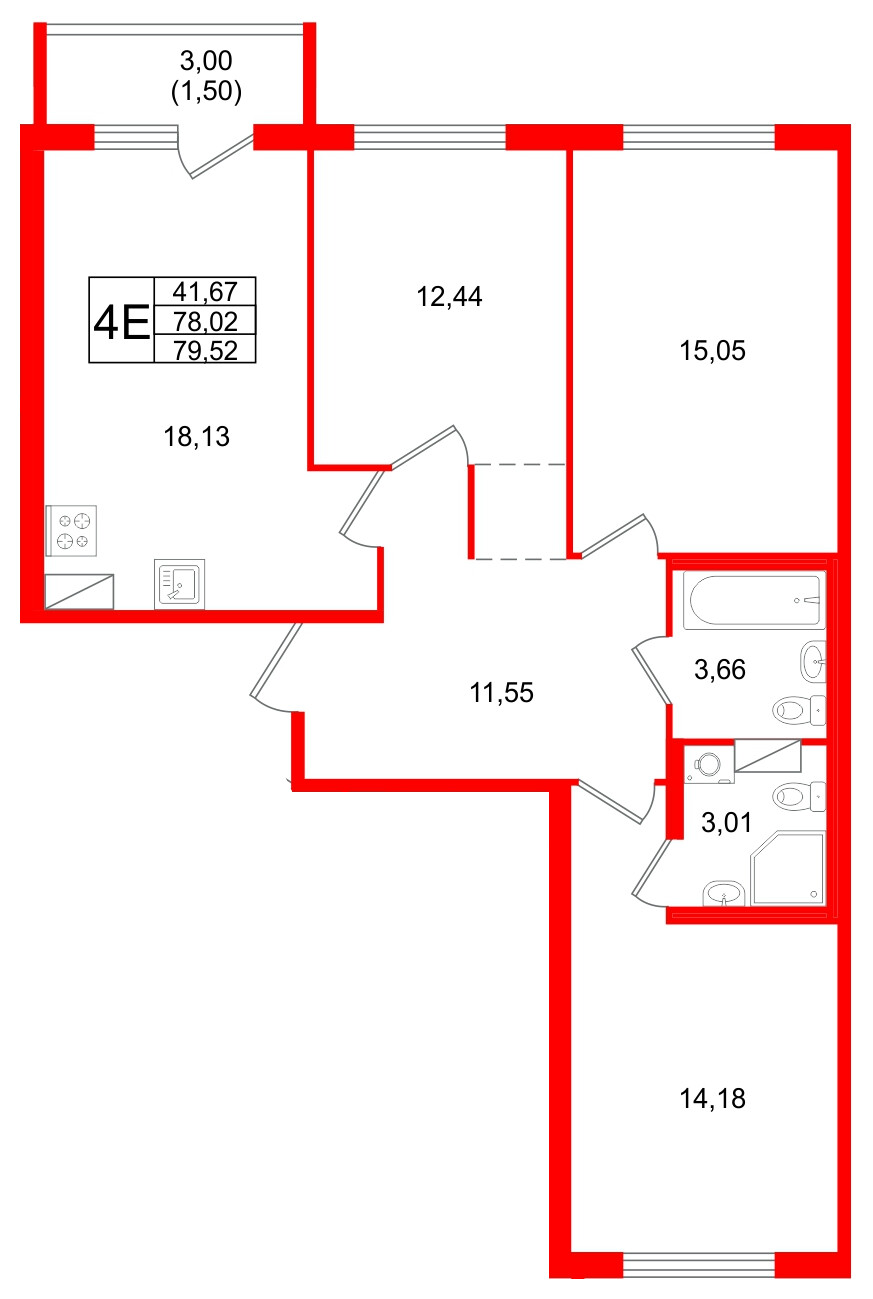 Квартира в ЖК Квартал Заречье, 3 комнатная, 79.52 м², 3 этаж