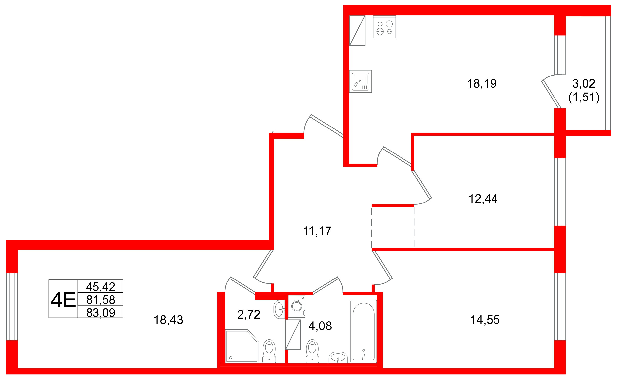Квартира в ЖК Квартал Заречье, 3 комнатная, 83.09 м², 2 этаж