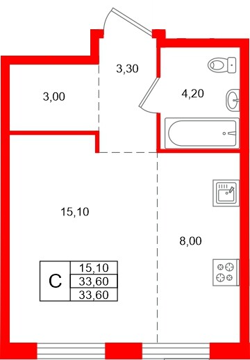 Планировка — Студия квартира, 33,6 м² в ЖК «Ягодное Река Парк»