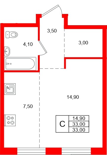 Планировка — Студия квартира, 33,0 м² в ЖК «Ягодное Река Парк»