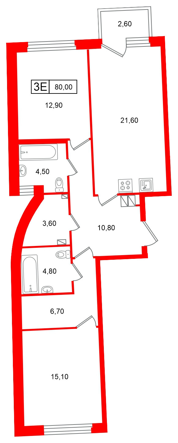 Квартира в ЖК Цвет Зеленогорска, 2 комнатная, 80 м², 2 этаж