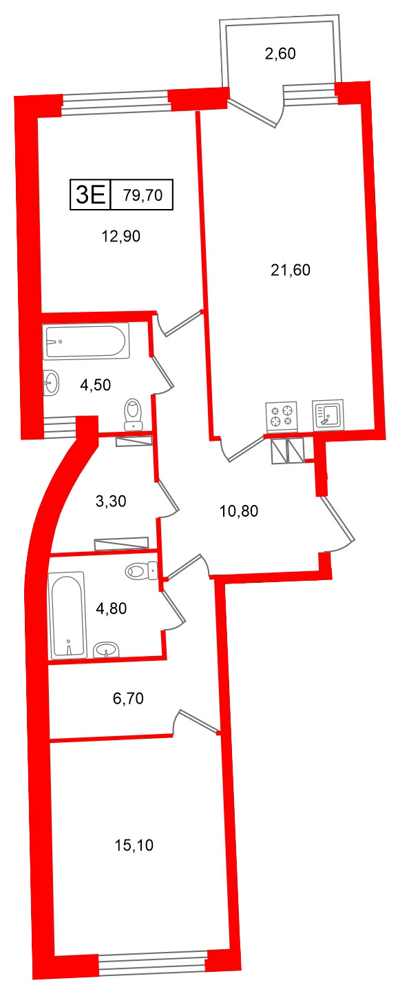 Квартира в ЖК Цвет Зеленогорска, 2 комнатная, 79.7 м², 4 этаж