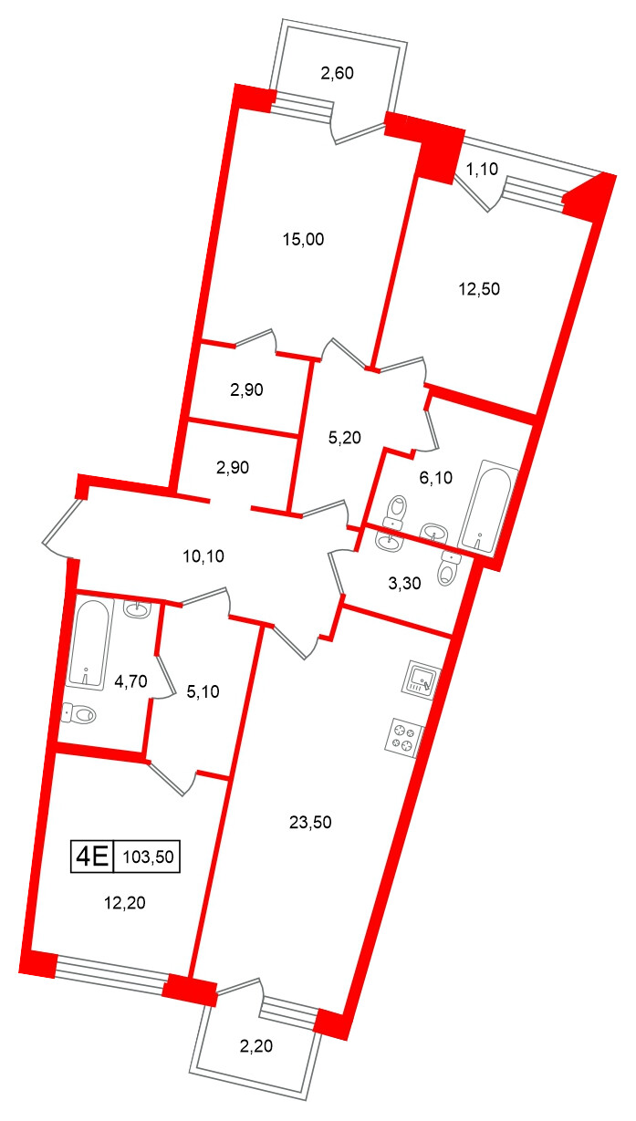 Квартира в ЖК «Цвет Зеленогорска», 3 комнатная, 103.5 м², 2 этаж