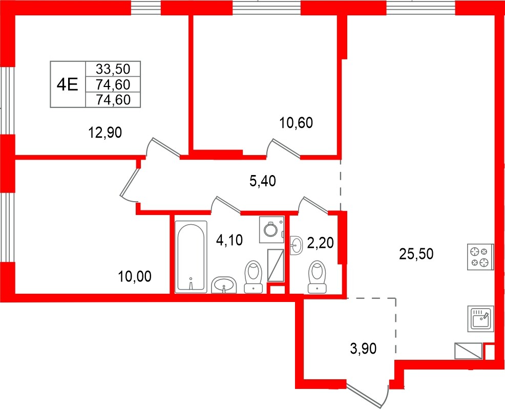 Квартира в ЖК А101 Всеволожск, 3 комнатная, 74.6 м², 5 этаж