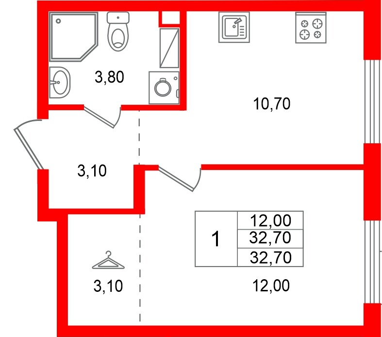 Квартира в ЖК «А101 Всеволожск», 1 комнатная, 32.7 м², 3 этаж