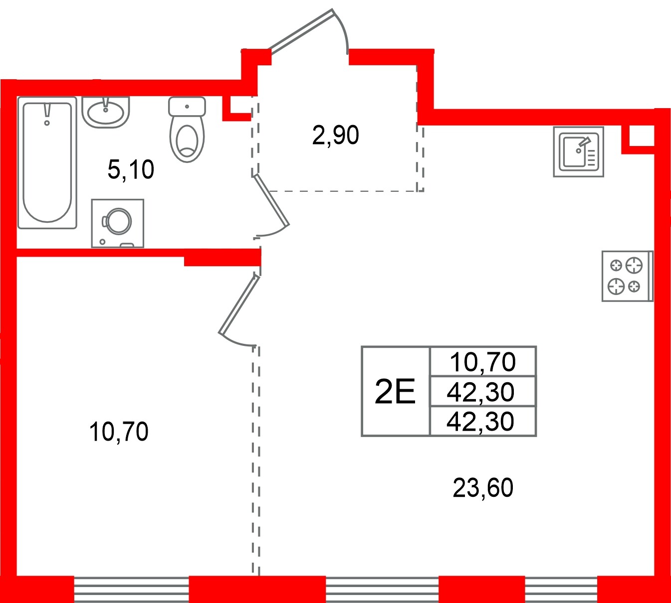 Квартира в ЖК «А101 Всеволожск», 1 комнатная, 42.3 м², 2 этаж