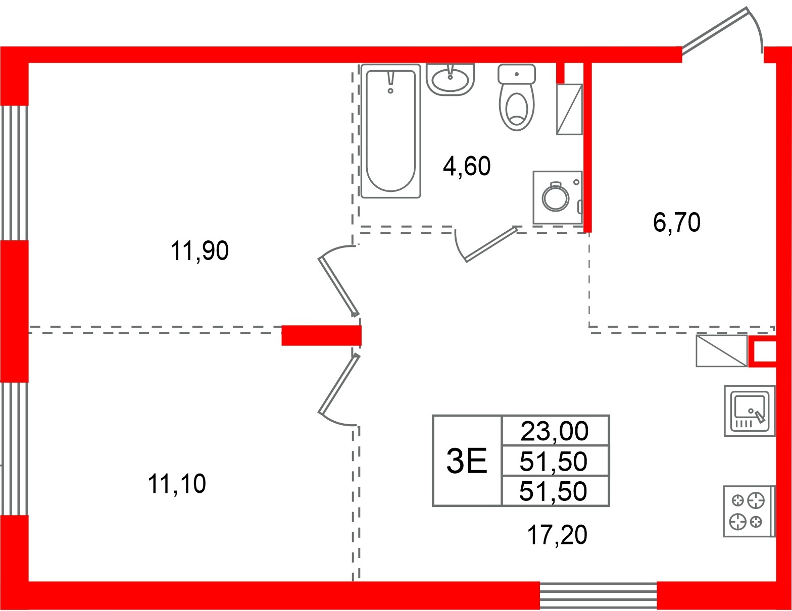 Квартира в ЖК «А101 Всеволожск», 2 комнатная, 51.5 м², 3 этаж