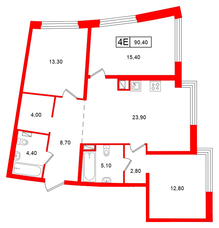 Квартира в ЖК «Цвет Зеленогорска», 3 комнатная, 90.4 м², 3 этаж