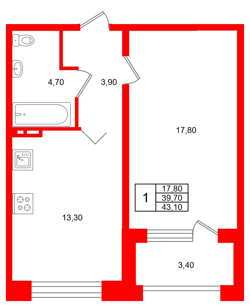 Квартира в ЖК Сибирь, 1 комнатная, 43.1 м², 3 этаж