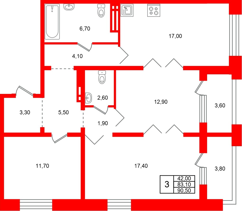 Квартира в ЖК «Сибирь», 3 комнатная, 90.5 м², 14 этаж