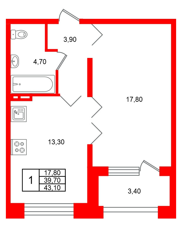 Квартира в ЖК Сибирь, 1 комнатная, 43.1 м², 3 этаж