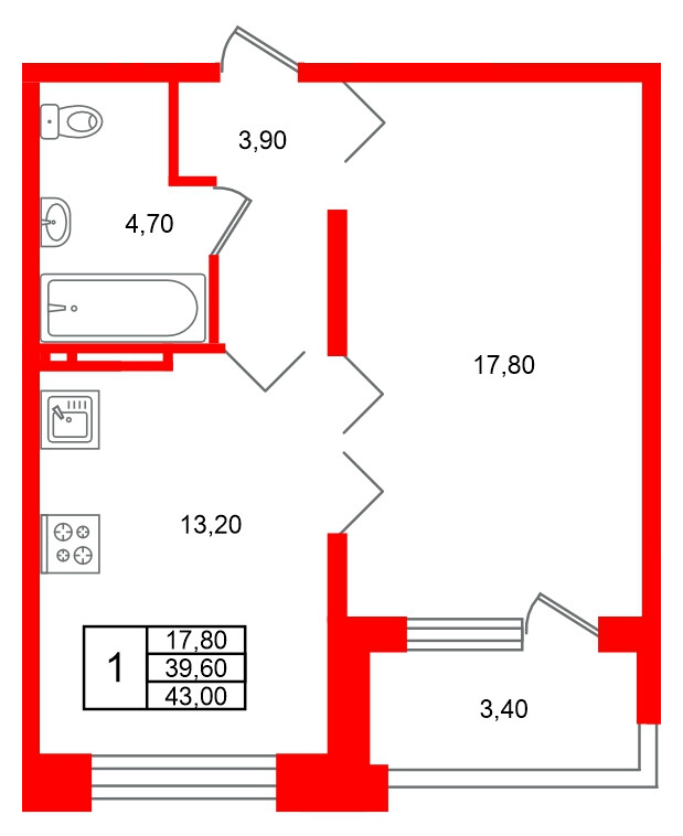Квартира в ЖК Сибирь, 1 комнатная, 43 м², 15 этаж