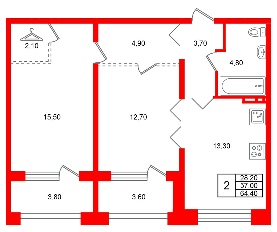 Квартира в ЖК Сибирь, 2 комнатная, 64.4 м², 5 этаж