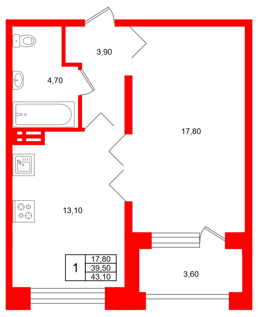 Квартира в ЖК Сибирь, 1 комнатная, 43.1 м², 2 этаж