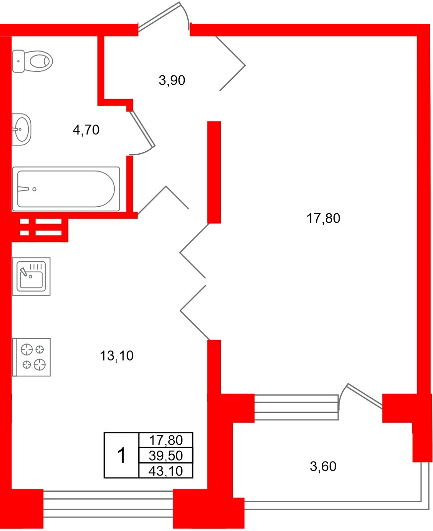 Квартира в ЖК «Сибирь», 1 комнатная, 43.1 м², 8 этаж