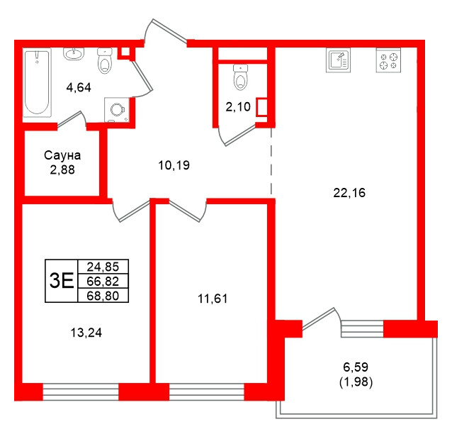 Квартира в ЖК Grona Lund, 2 комнатная, 68.8 м², 4 этаж