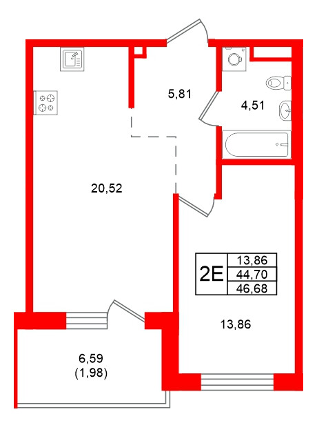 Квартира в ЖК Grona Lund, 1 комнатная, 46.68 м², 5 этаж