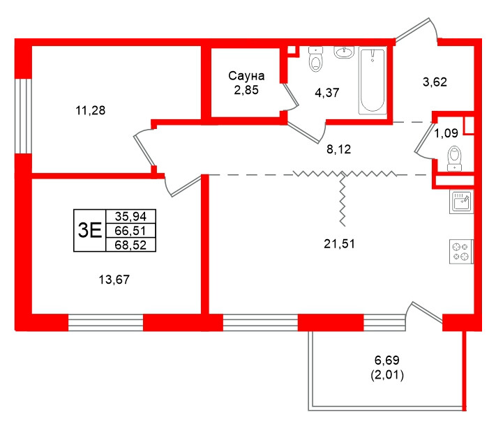 Квартира в ЖК Grona Lund, 2 комнатная, 68.52 м², 4 этаж
