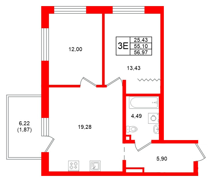 Квартира в ЖК Grona Lund, 2 комнатная, 56.97 м², 2 этаж
