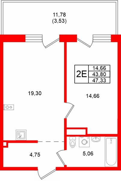 Планировка — 1-комн квартира, 47,3 м² в ЖК «Грена Лунд»