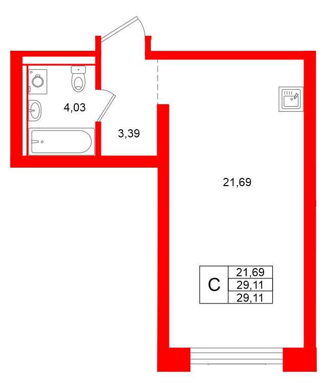 Квартира в ЖК Брусника в Новоселье, студия, 29.11 м², 2 этаж