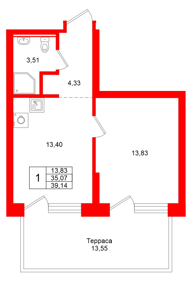 Квартира в ЖК «Брусника в Новоселье», 1 комнатная, 39.14 м², 1 этаж