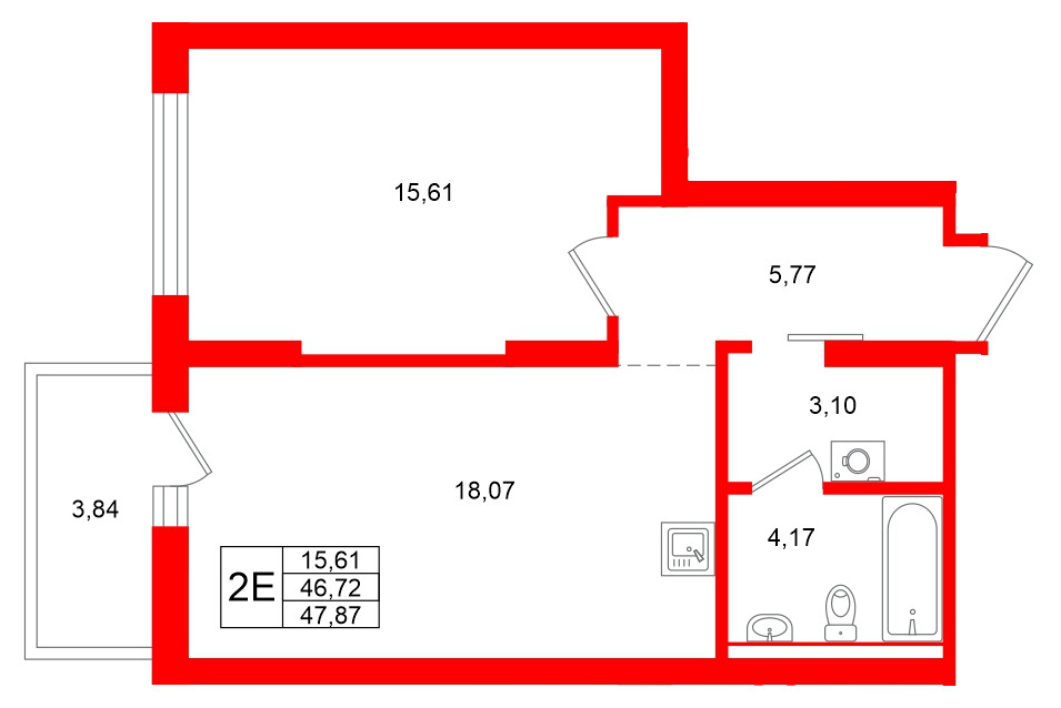 Квартира в ЖК Брусника в Новоселье, 1 комнатная, 47.87 м², 7 этаж
