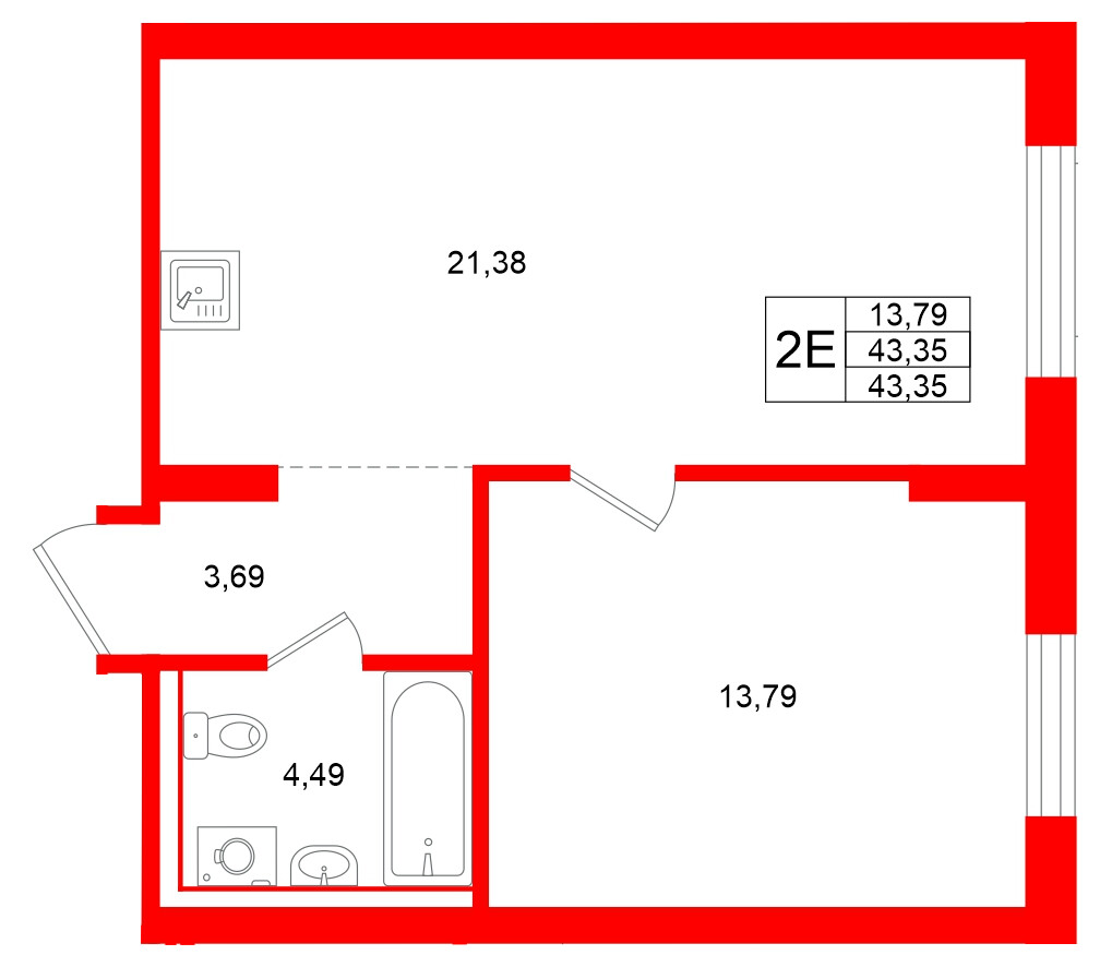 Квартира в ЖК «Брусника в Новоселье», 1 комнатная, 43.35 м², 4 этаж