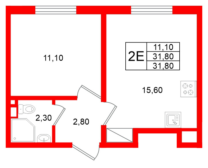 Квартира в ЖК Ржевский парк, 1 комнатная, 31.8 м², 5 этаж