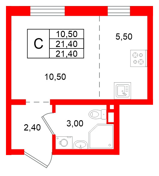 Квартира в ЖК Ржевский парк, студия, 21.4 м², 2 этаж