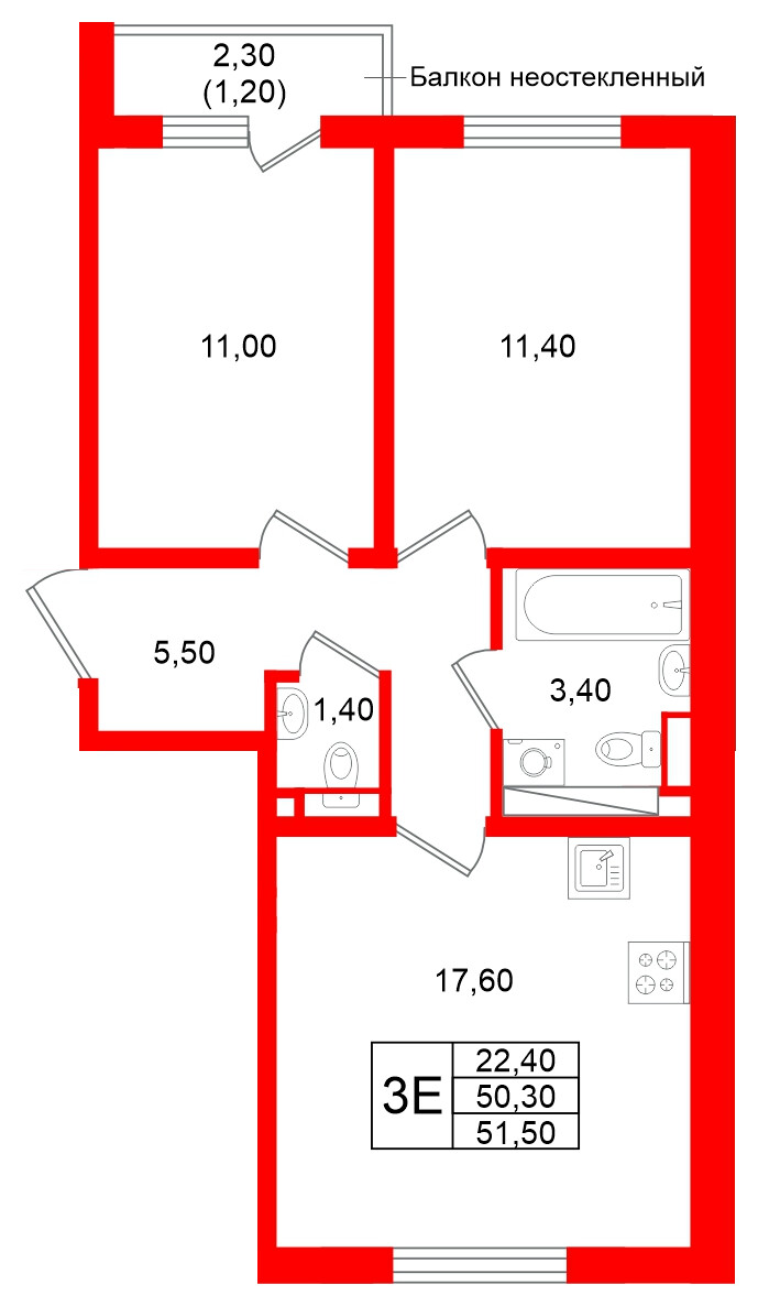 Квартира в ЖК Ржевский парк, 2 комнатная, 51.5 м², 11 этаж