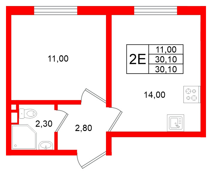 Квартира в ЖК Ржевский парк, 1 комнатная, 30.1 м², 2 этаж