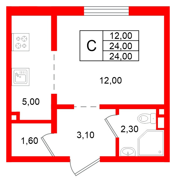 Квартира в ЖК Ржевский парк, студия, 24 м², 1 этаж