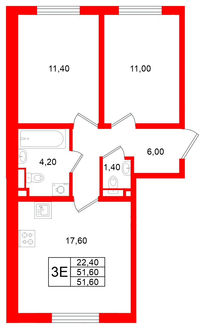 Квартира в ЖК Ржевский парк, 2 комнатная, 51.5 м², 1 этаж