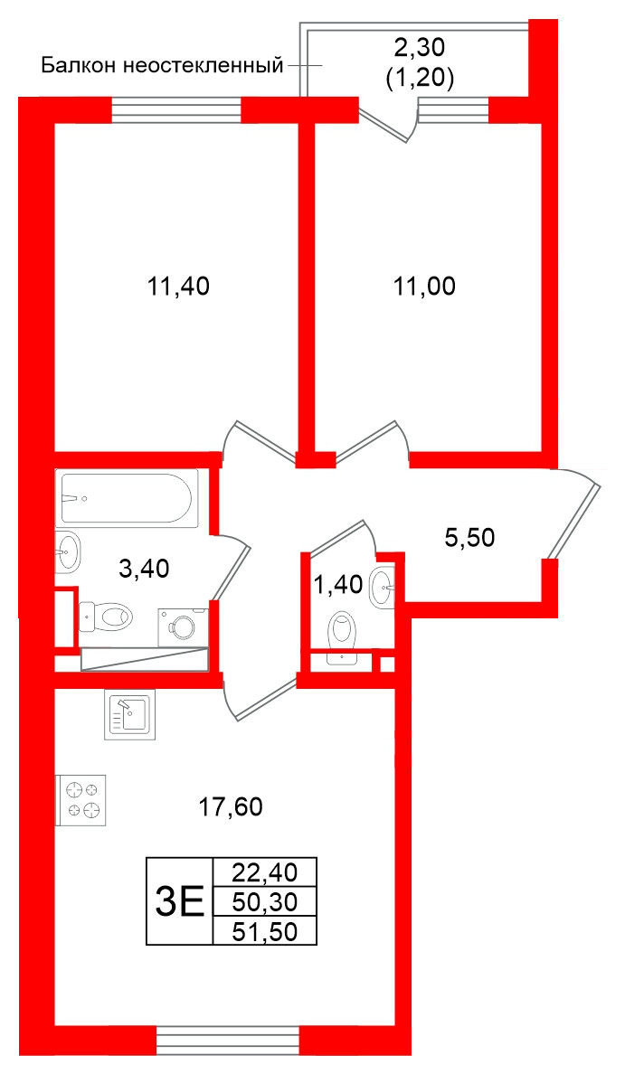 Квартира в ЖК Ржевский парк, 2 комнатная, 51.5 м², 11 этаж