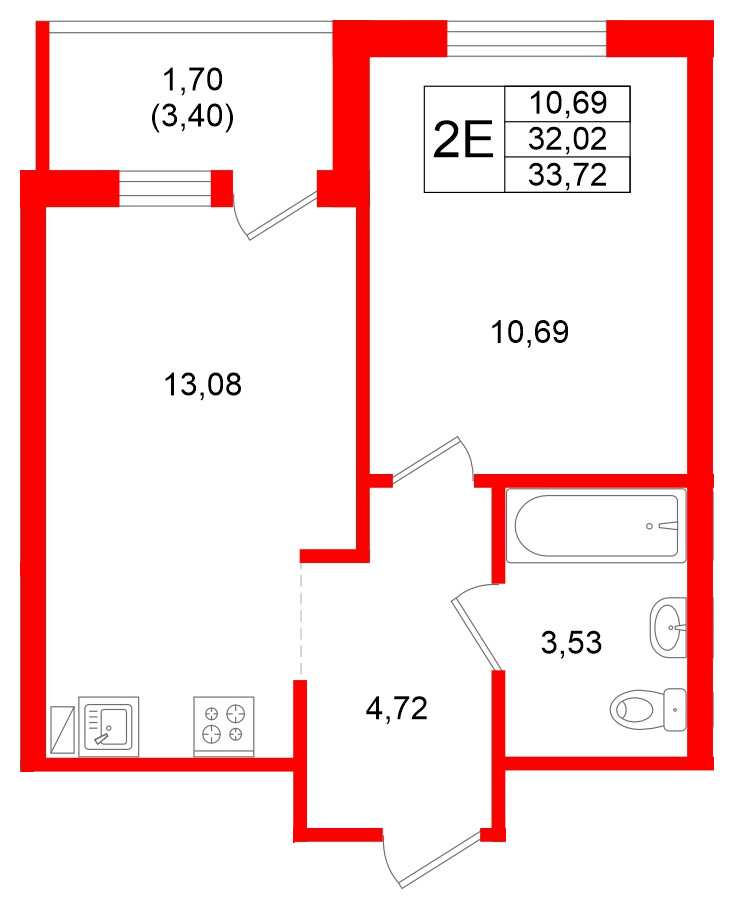 Квартира в ЖК Стороны Света 2, 1 комнатная, 33.72 м², 17 этаж