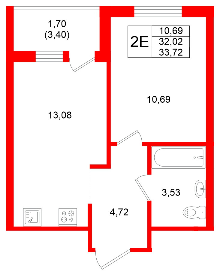 Квартира в ЖК Стороны Света 2, 1 комнатная, 33.72 м², 20 этаж