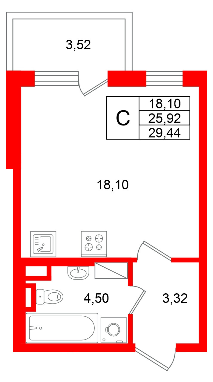 Квартира в ЖК Югтаун, студия, 29.44 м², 2 этаж