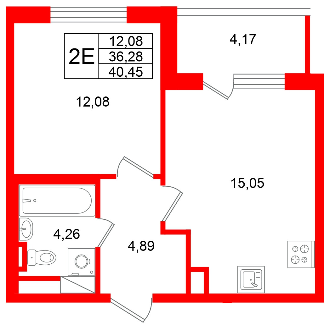 Квартира в ЖК «Югтаун», 1 комнатная, 40.45 м², 2 этаж