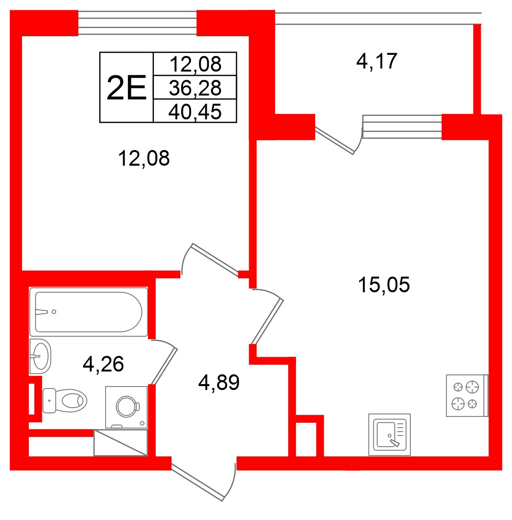 Квартира в ЖК «Югтаун», 1 комнатная, 40.45 м², 3 этаж