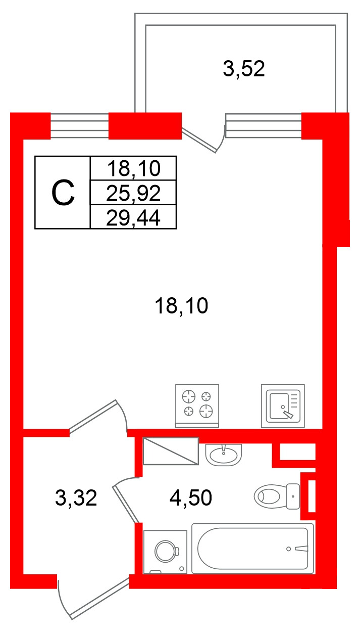 Квартира в ЖК Югтаун, студия, 29.44 м², 2 этаж